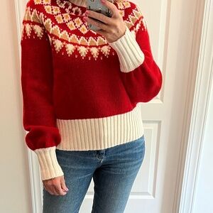 Brooks brothers red cream yellow tan Fairisle sweater size medium puffy sleeves